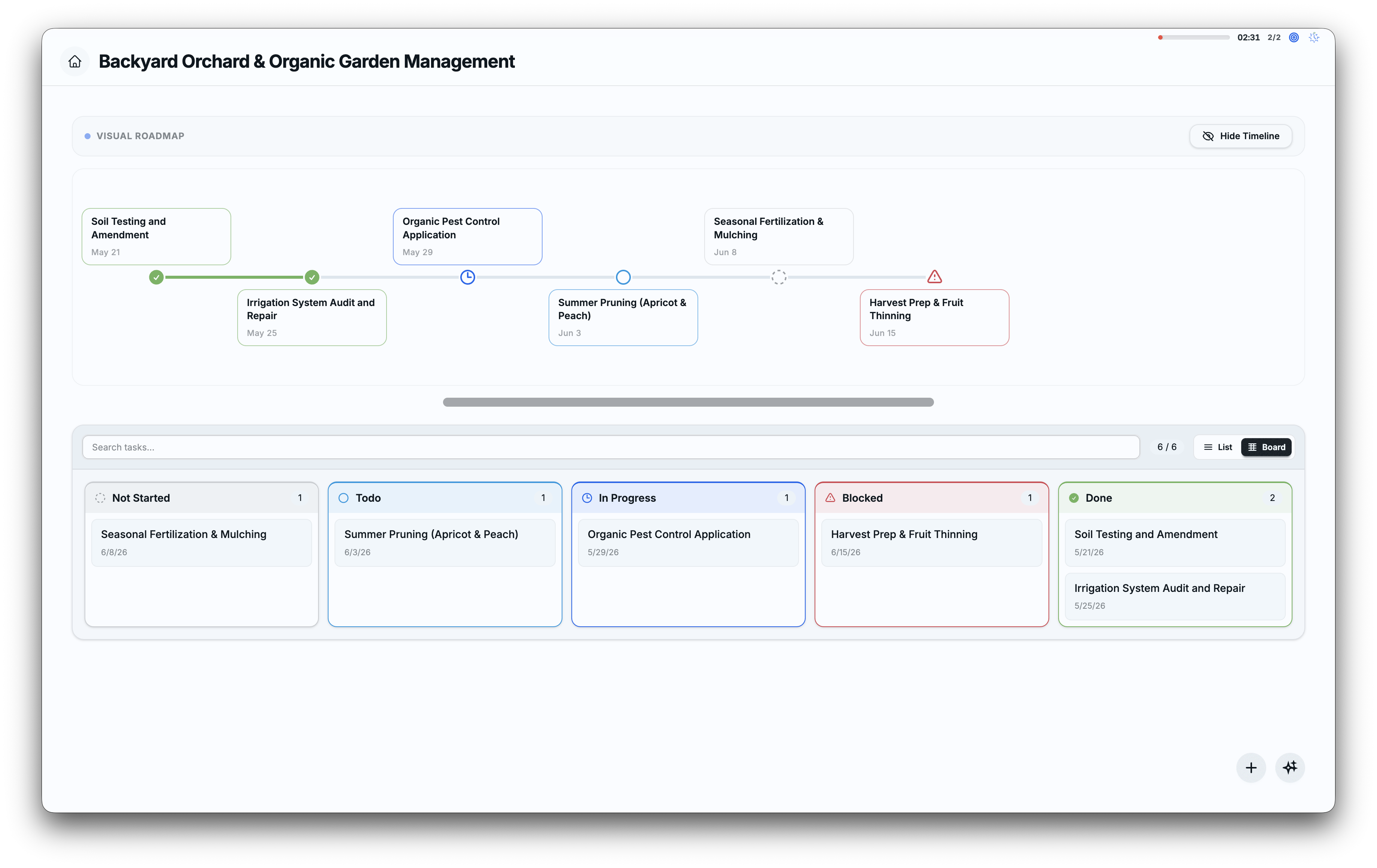 Project timeline showing tasks and scheduling